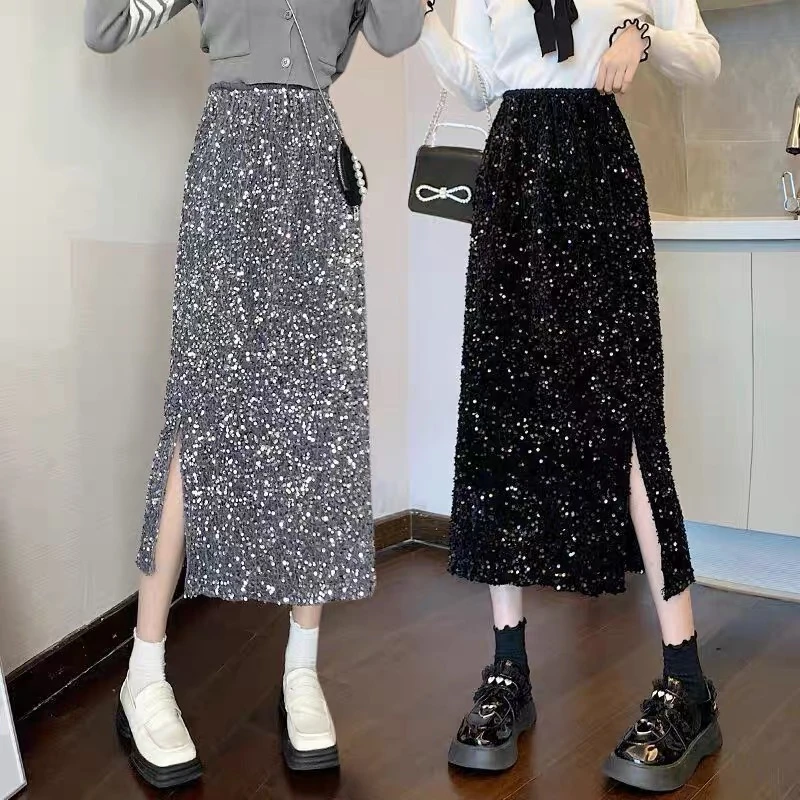 【亮片半身裙】女秋冬四季高腰直筒a字中长款亮闪闪中长裙一步裙