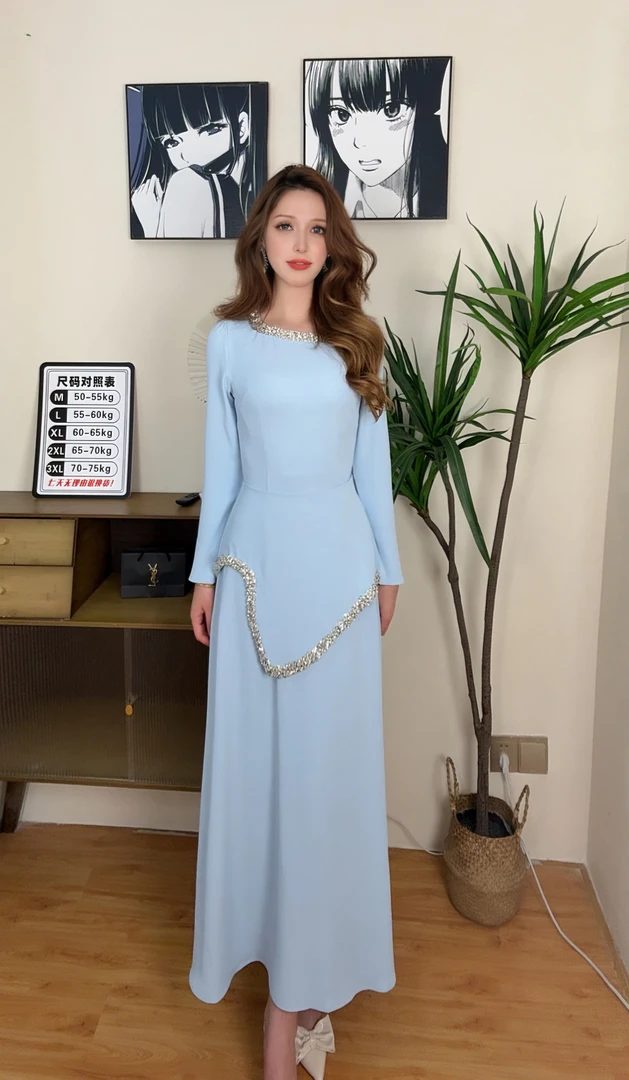 法式复古方领收腰设计感纯色气质连衣裙女春秋款礼服