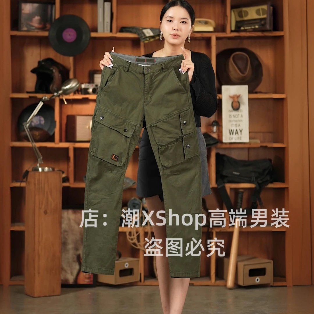 秋季高端原创美式复古军绿色男士休闲工装裤宽松直筒弯刀裤潮牌