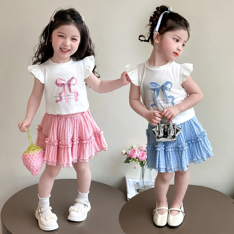 2025新款夏季女童蝴蝶结短袖半身裙套装儿童甜美可爱公主风两件套
