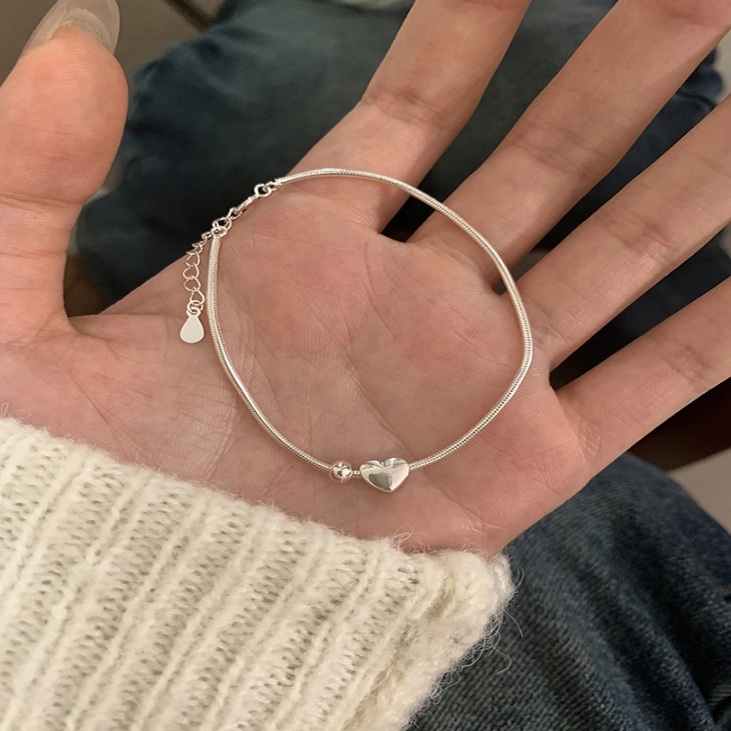 足银手链 A056足银9999  爱心小圆珠蛇骨链纯银手链百搭