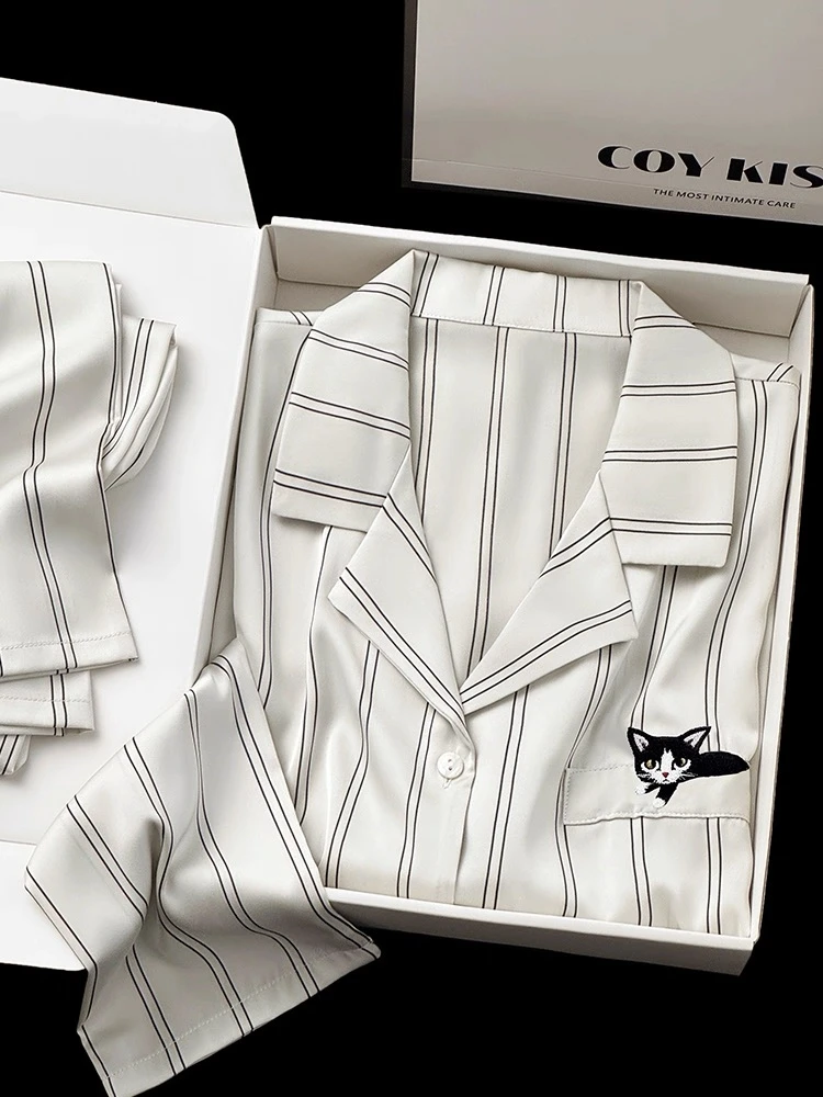 条纹短袖夏季睡衣家居服套装宽松春夏抽绳纯欲风