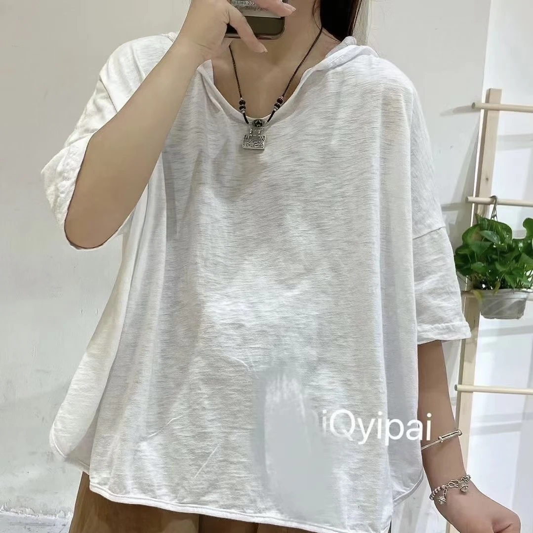 连帽圆领抽绳森系t恤百搭复古洗水中袖T恤时尚开叉短袖韩版