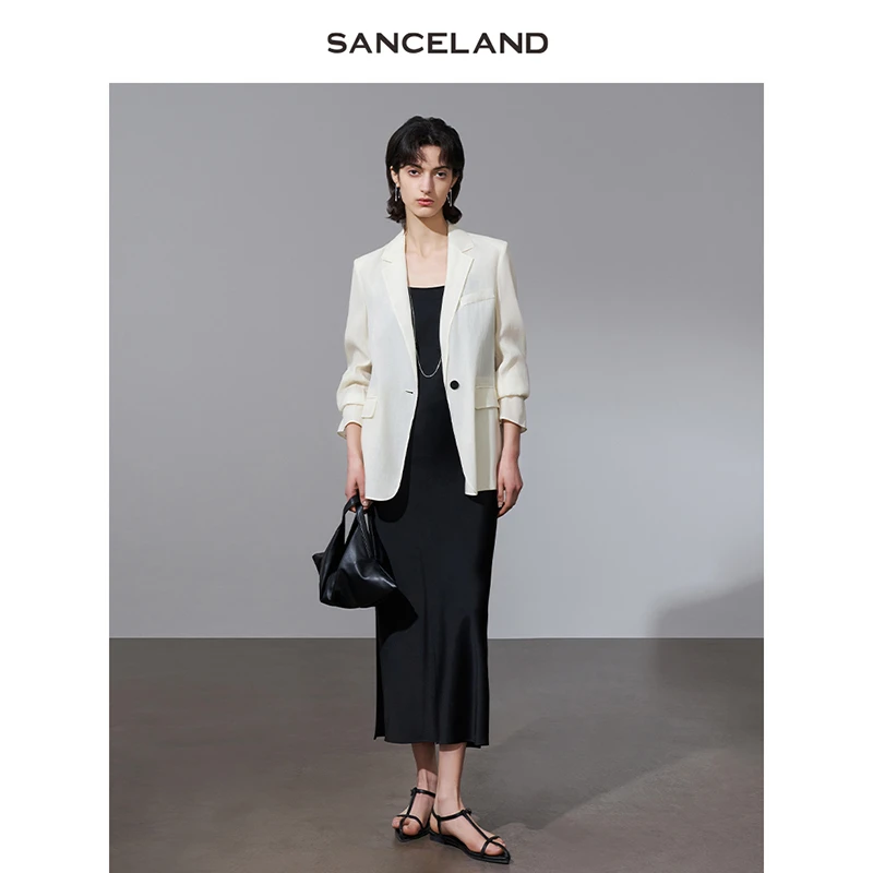 SANCELAND三石一澜25夏新款丝棉简约一粒扣H型薄西装女SJ25101024