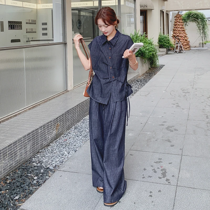 时尚牛仔套装女2025夏季新款韩系慵懒风系带收腰衬衣阔腿裤两件套