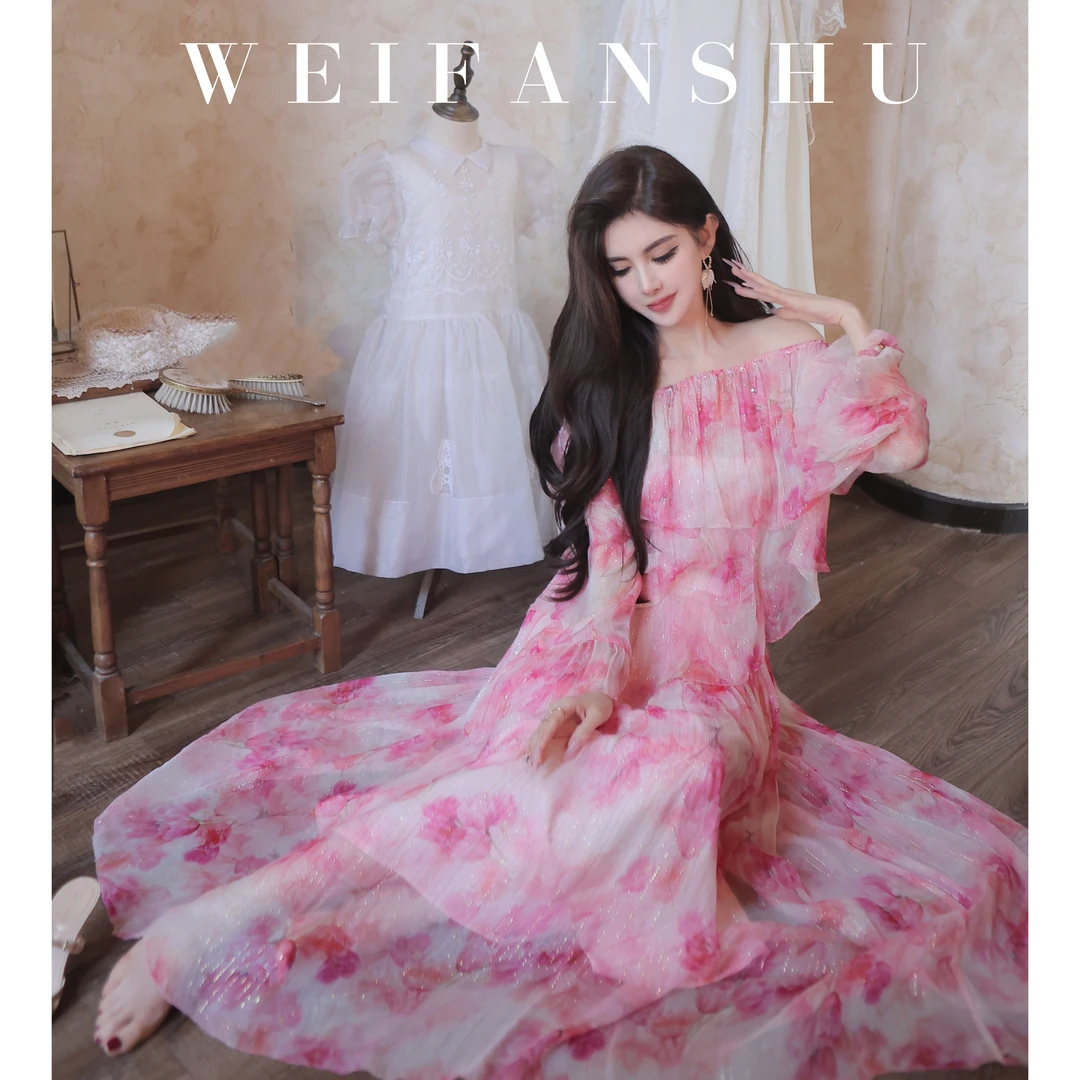 WEIFANSHU/魏凡舒【极光樱花】套装夏季日常仙气一字肩上衣&半裙