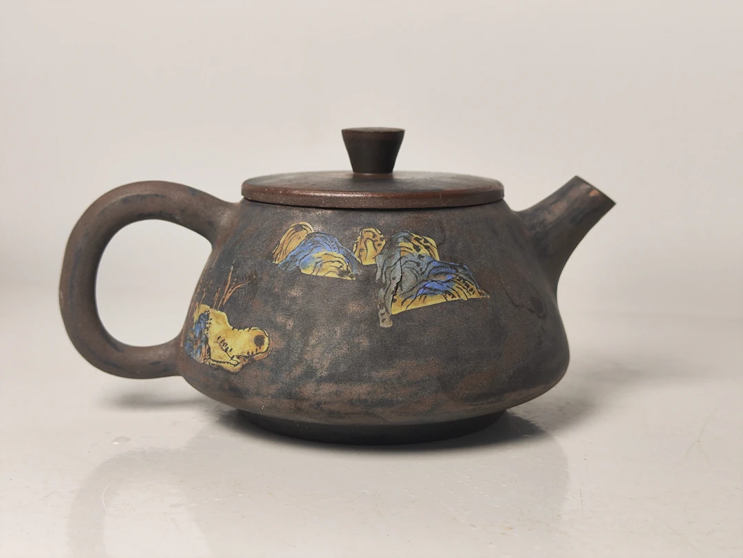 建水紫陶纯手工刻填手磨茶壶120cc（瑕）