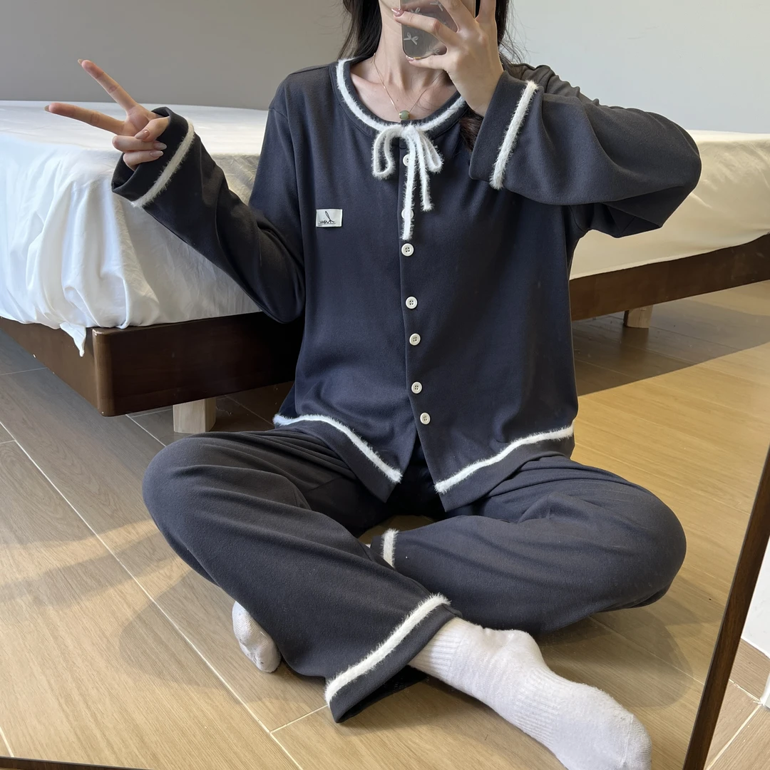 Meng luan/梦鸾休闲纯色长袖睡衣女士春秋季新款简约风家居服套装