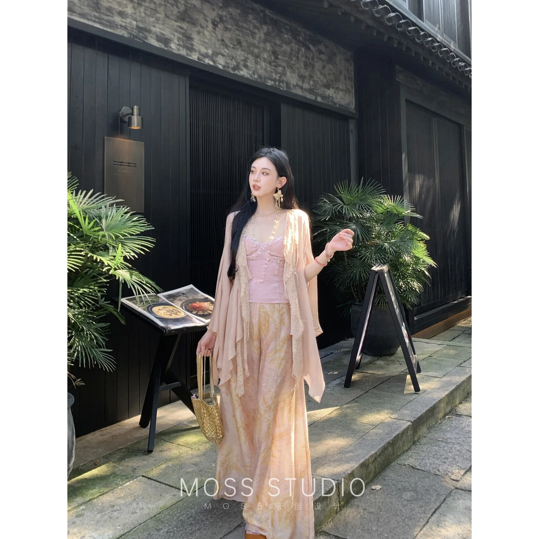 MOSS STUDIO【浅棠叶语】新中式开衫上衣+印花阔腿裤套装女