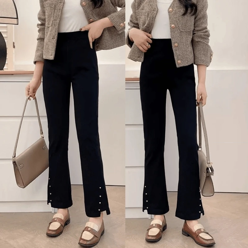 大码高腰弹力不规则爱心铆钉烟管裤女秋季新款百搭显瘦裤2380