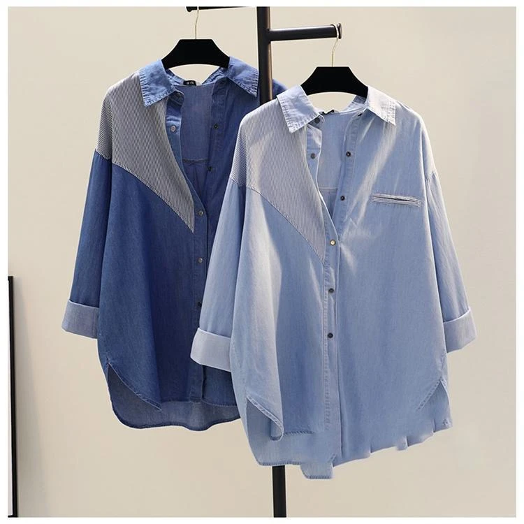 设计感韩系春秋新款宽松休闲衬衣上衣女胖妹妹显瘦百搭牛仔衬衫