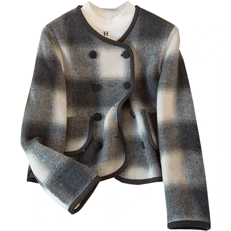 【品牌奥莱】丝柏舍2024秋装新款绵羊毛小香风格子外套S43B6384A