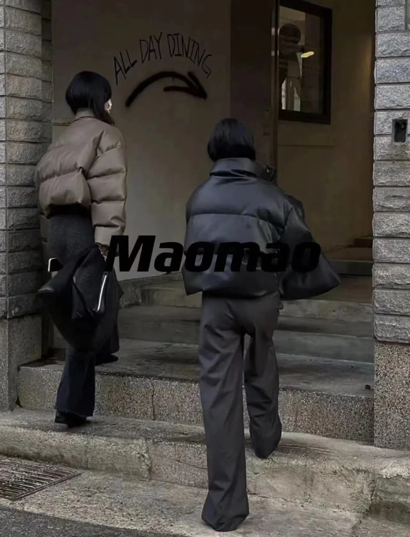 pu皮鸭绒肯豆风立领加厚羽绒服女短款2024年冬季美式