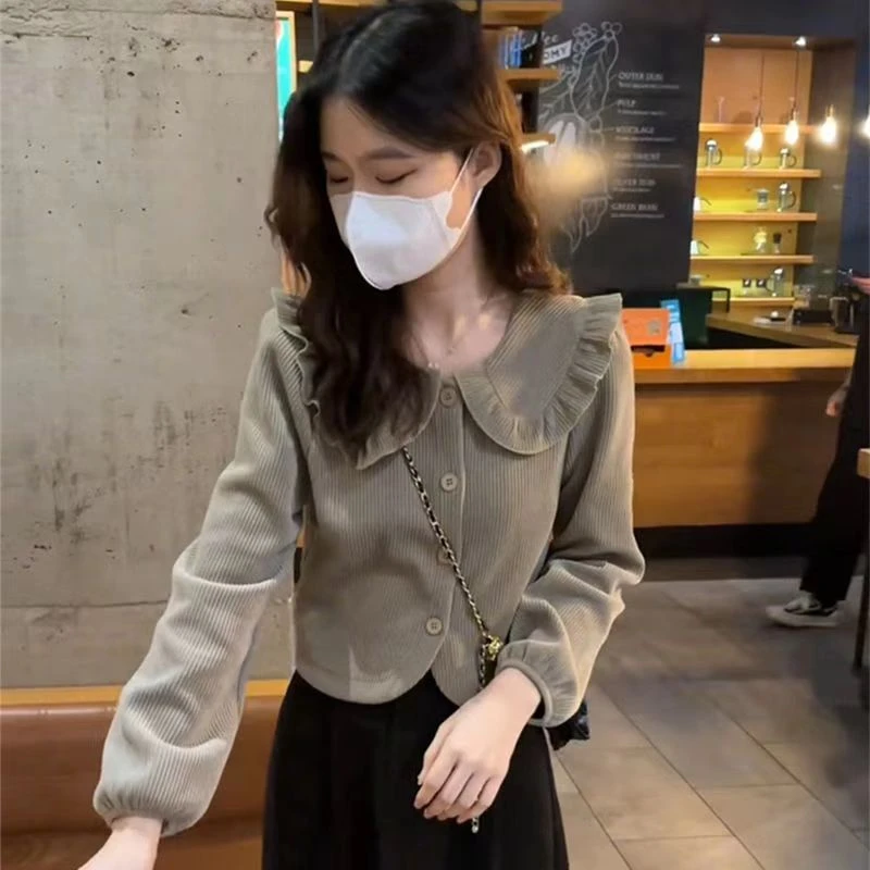 木耳边娃娃领长袖衬衫女2025秋新款韩版宽松洋气甜美百搭上衣