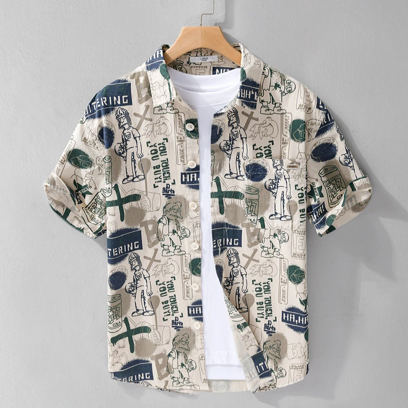 夏季男装日系复古短袖衬衫潮流休闲宽松流行个性印花百搭男衬衣