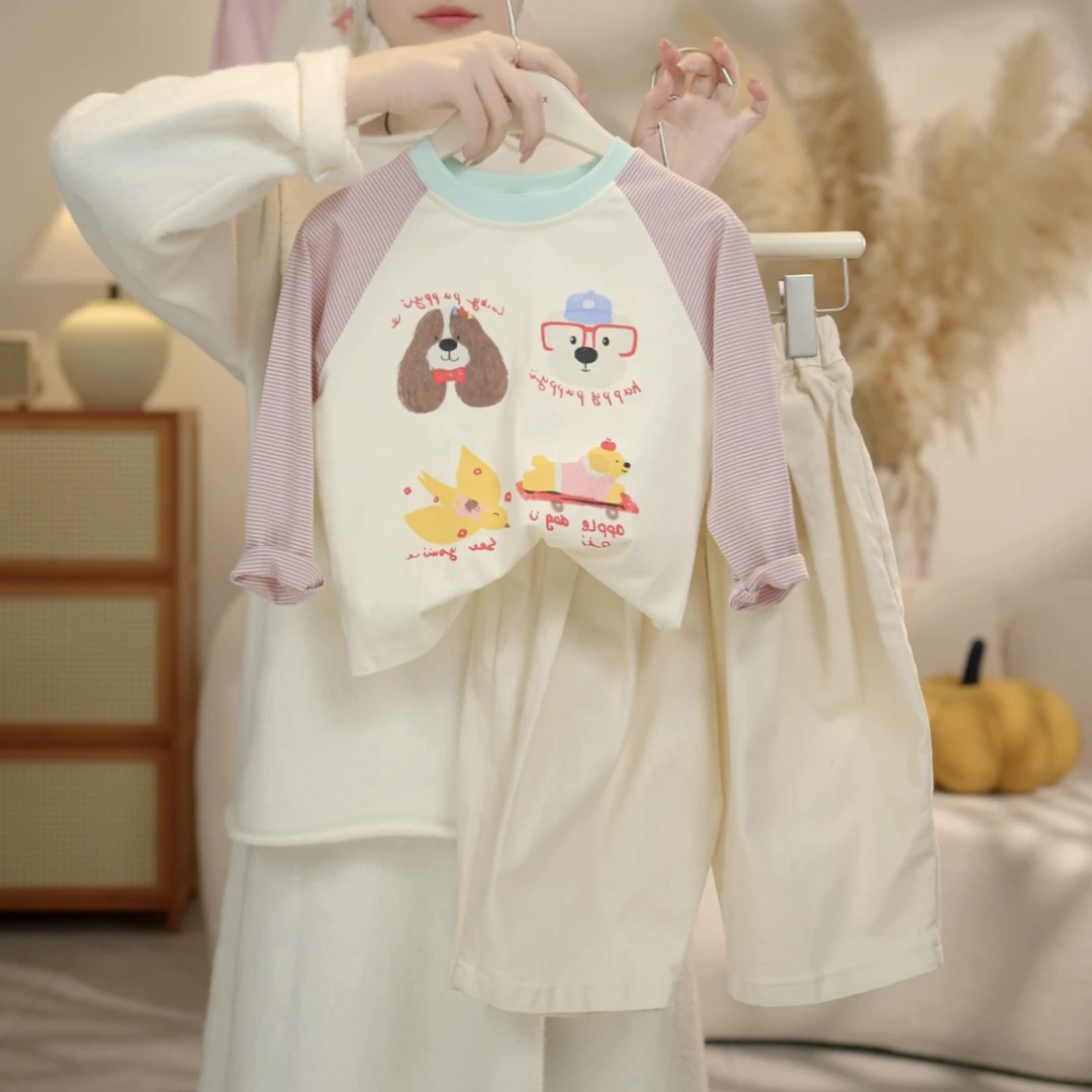 小言-2025春季新款女童韩版印花打底衫长袖条纹插肩T恤休闲裤套装
