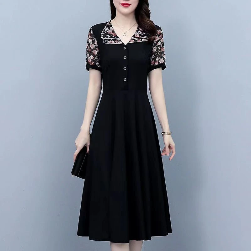 2025夏季女士修身显瘦大码收腰气质遮肚高档洋气碎花妈妈连衣裙女