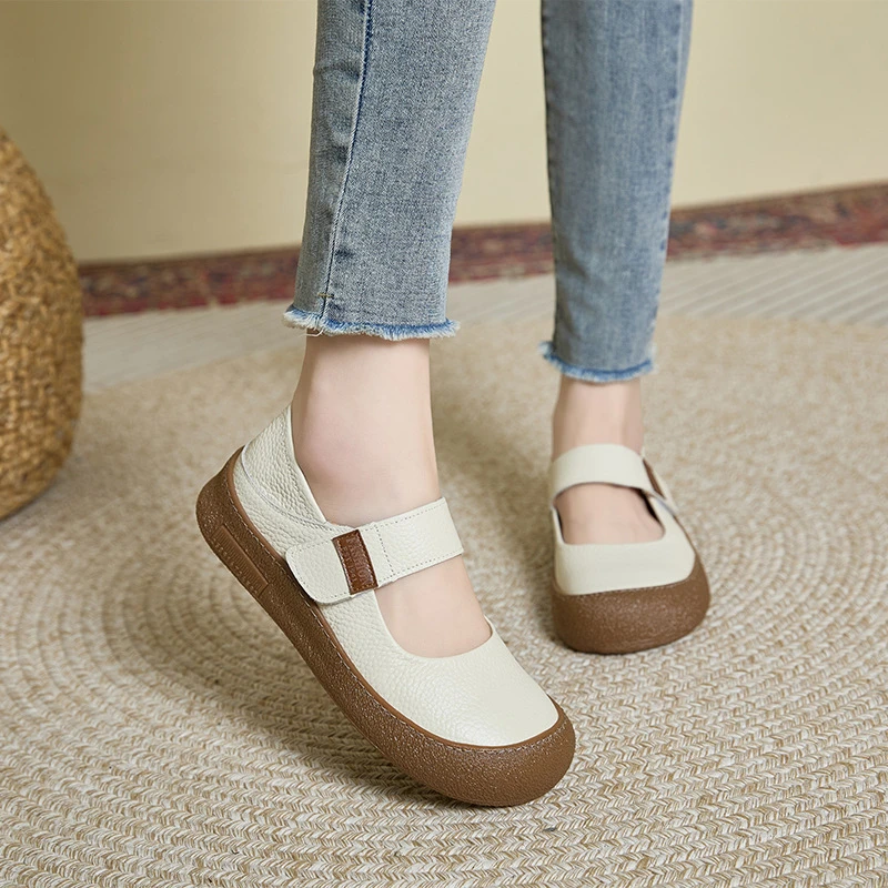 头层牛皮复古玛丽珍鞋女鞋子2025韩版魔术贴平底休闲鞋真皮妈妈鞋