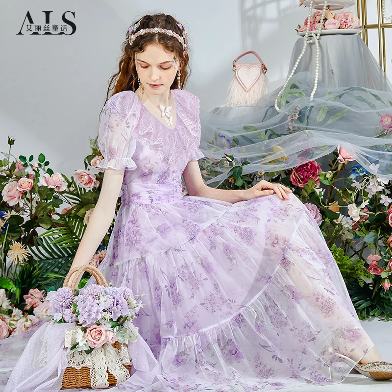 艾丽丝2025夏季新款优雅气质短袖连衣裙女紫色花边中长款公主裙子
