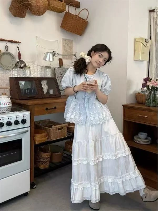 宽松型通勤短袖甜美泡泡袖衬衫女装气质收腰复古时尚套装7112