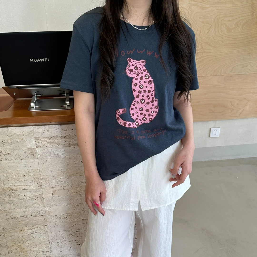 091【夏季新款】前印花豹卡通休闲百搭圆领短袖（9885）
