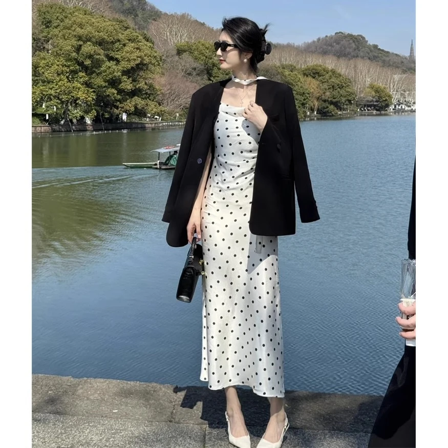 御姐风气质通勤套装女2025春季新款飘带波点连衣裙西装外套两件套