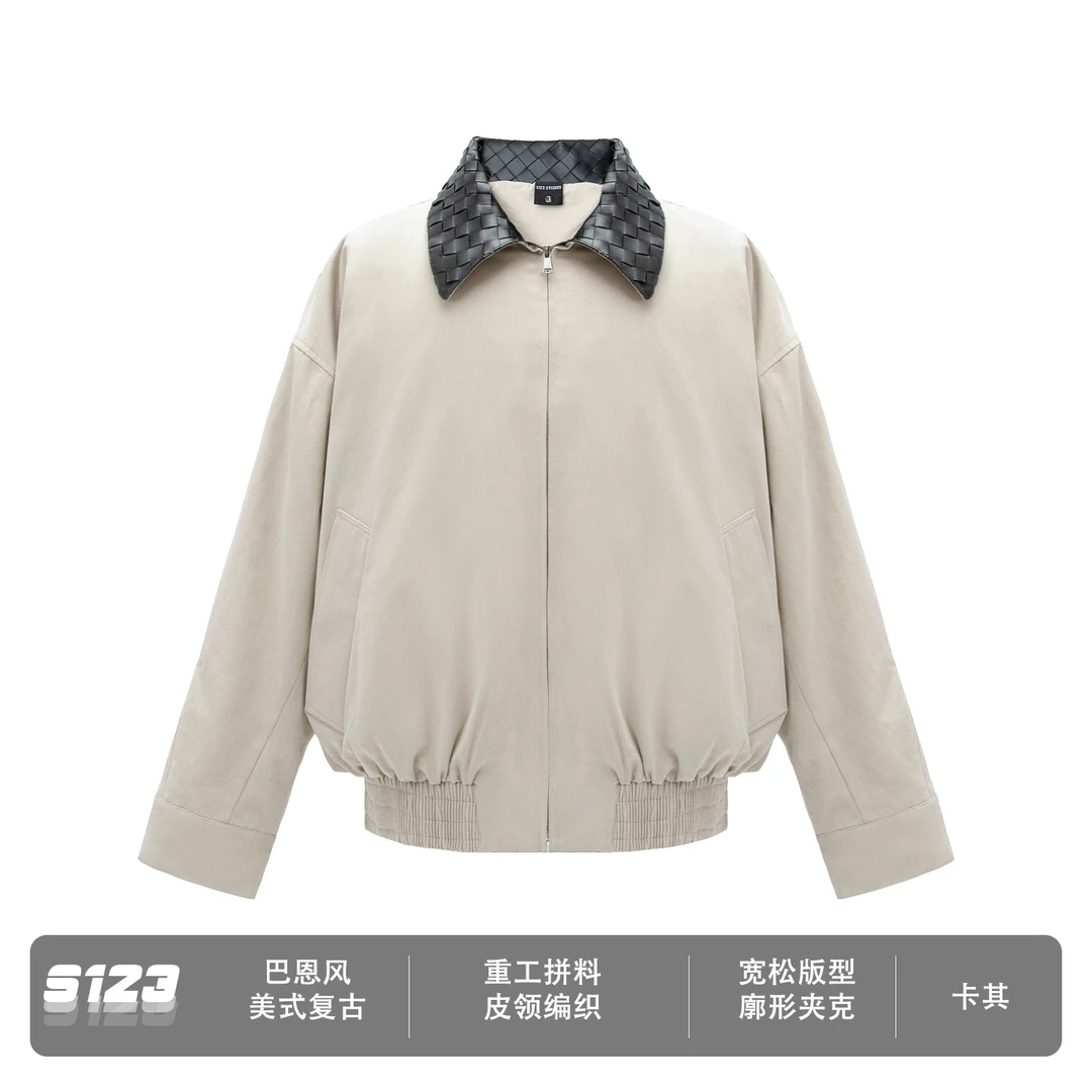 S123 早春新品巴恩风哈灵顿廓形皮革翻领编织夹克外套男上衣8143