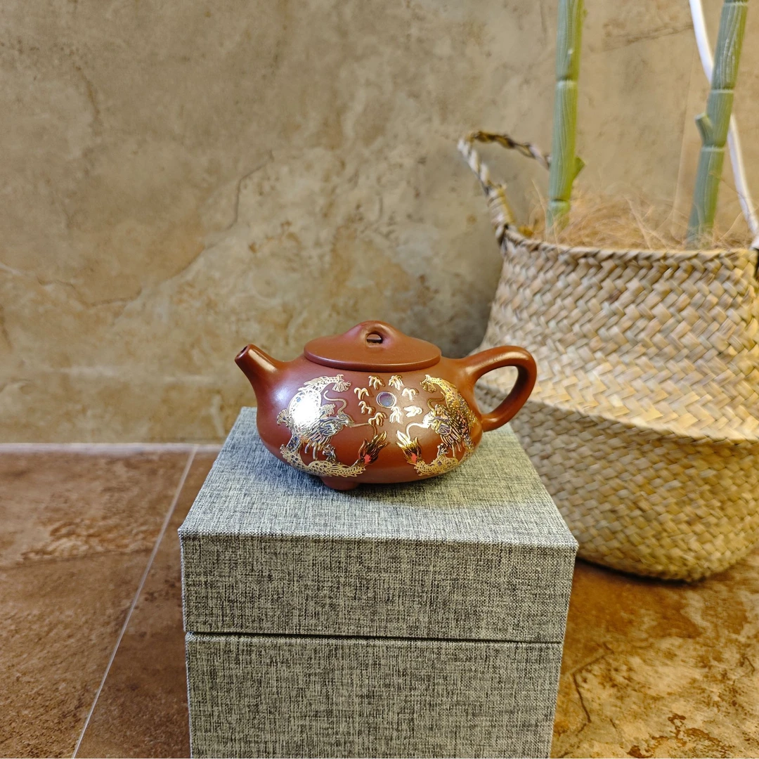 DT763双龙戏珠变色景舟石瓢大红袍全手工紫砂壶