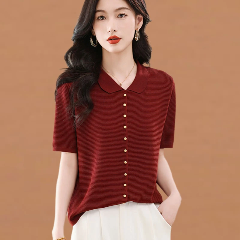 法式POLO领针织冰丝短袖T恤女夏季透气宽松气质2025新上衣翻领薄