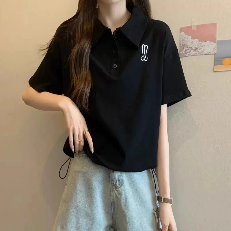 大码女装正肩polo领短袖t恤女夏季2025新款宽松胖mm显瘦遮肉上衣