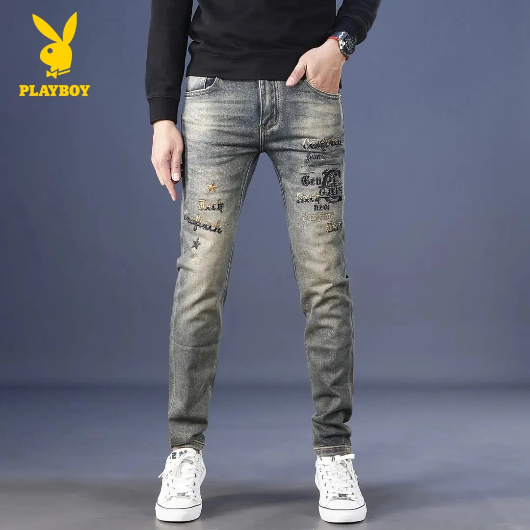 花花公子2025新款刺绣牛仔裤男潮流复古做旧轻奢时尚修身小脚弹力