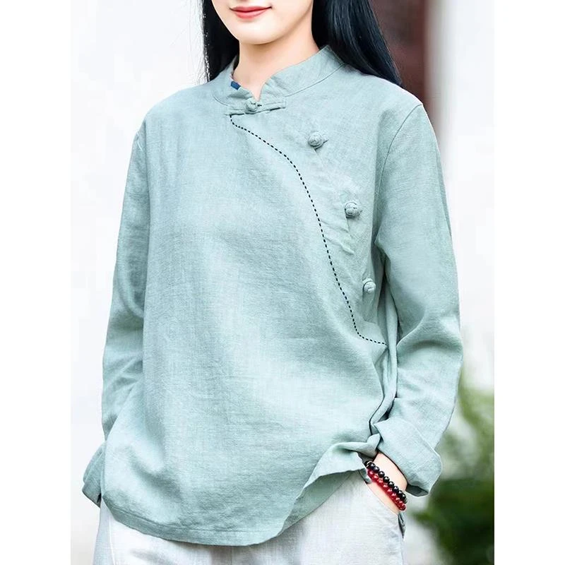 秋季撞色绣线棉麻衬衫大码女装中式立领斜襟盘扣茶服亚麻长袖上衣