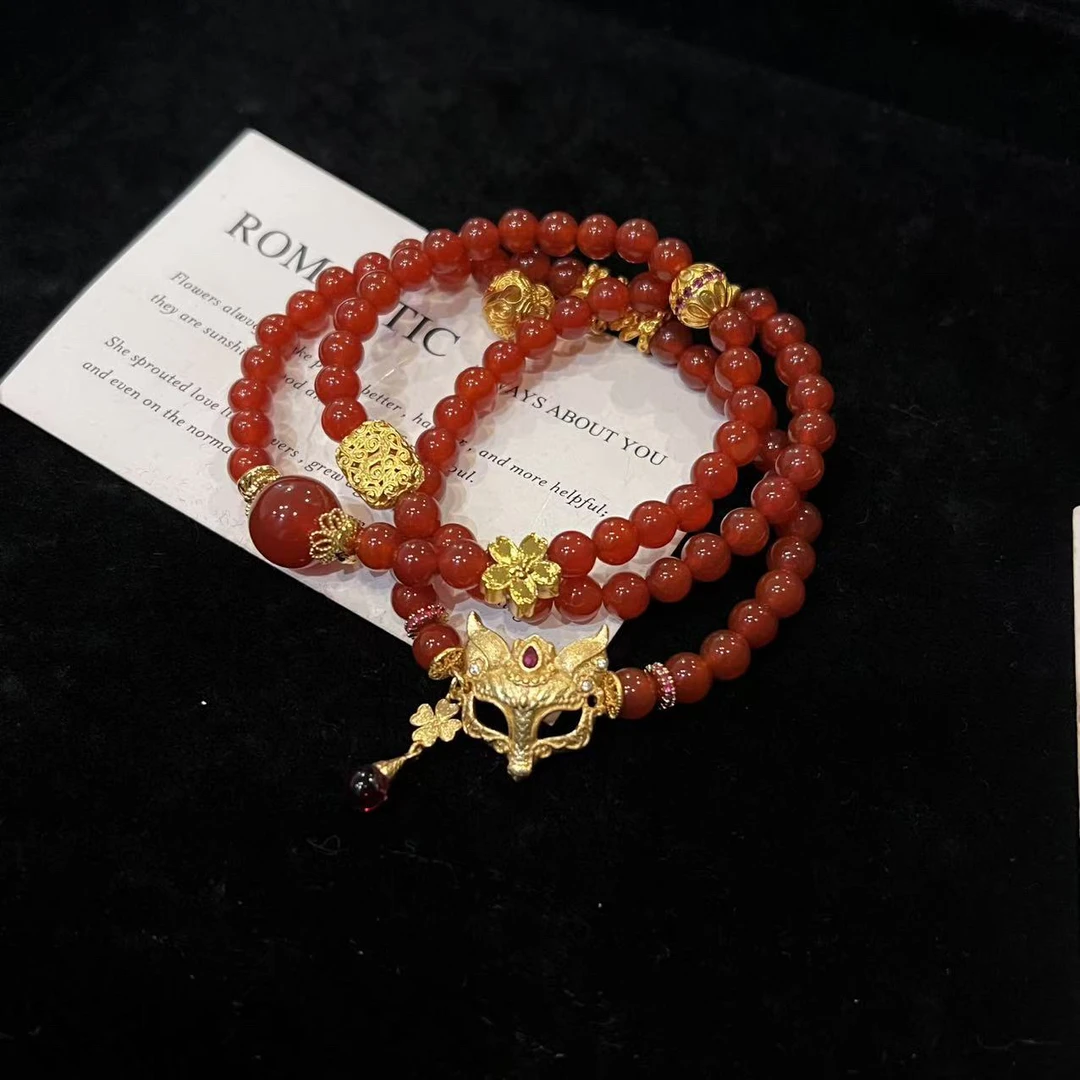 D854 6mm玛瑙+狐面设计款三圈手串 多样行发一