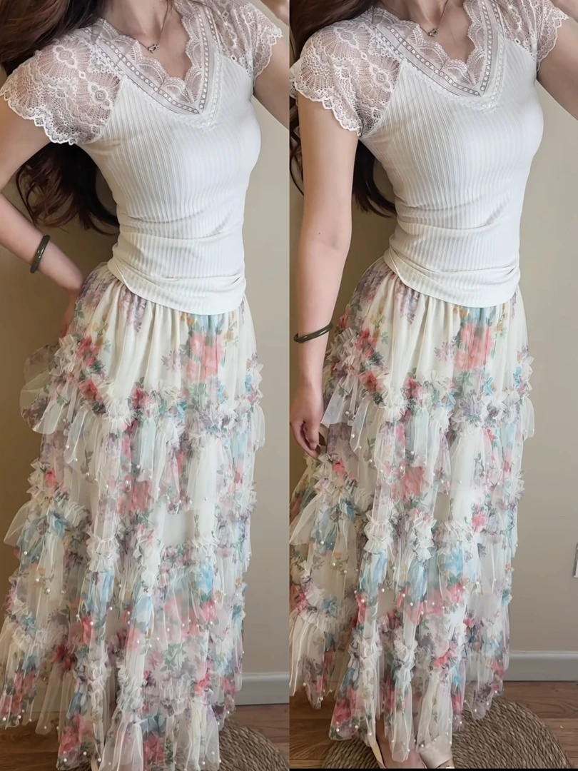 珍珠繁花 春季碎花显瘦半身裙