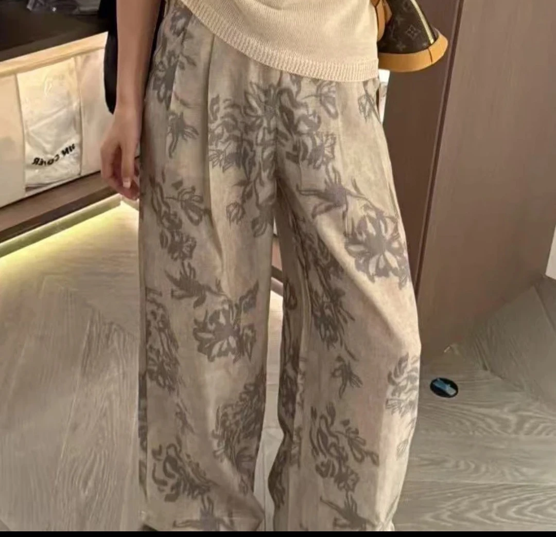 夏季直筒裤通勤休闲裤百搭复古休闲印花宽松提花高腰薄款国风