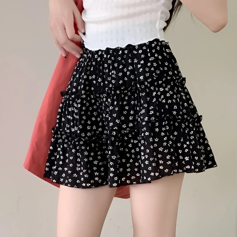 韩系黑色碎花短裙女夏季新款防走光蛋糕裙半裙高腰a字裙子半身裙