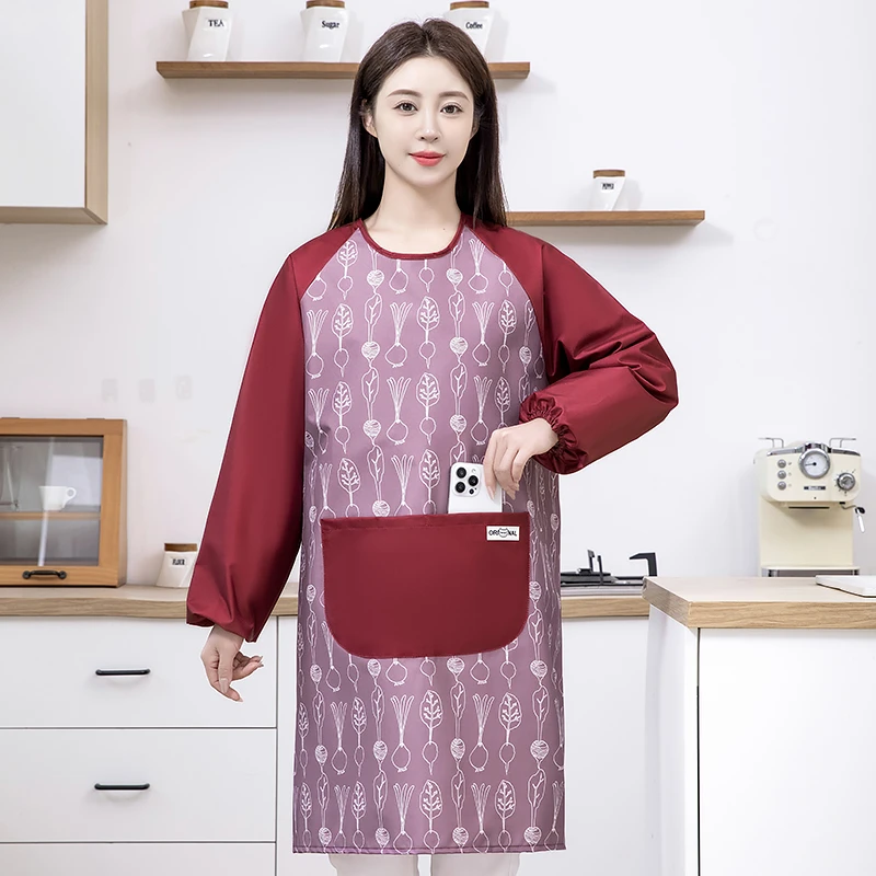 新款防水长袖女围裙罩衣大人家用厨房时尚做饭防油圆领上衣工作服