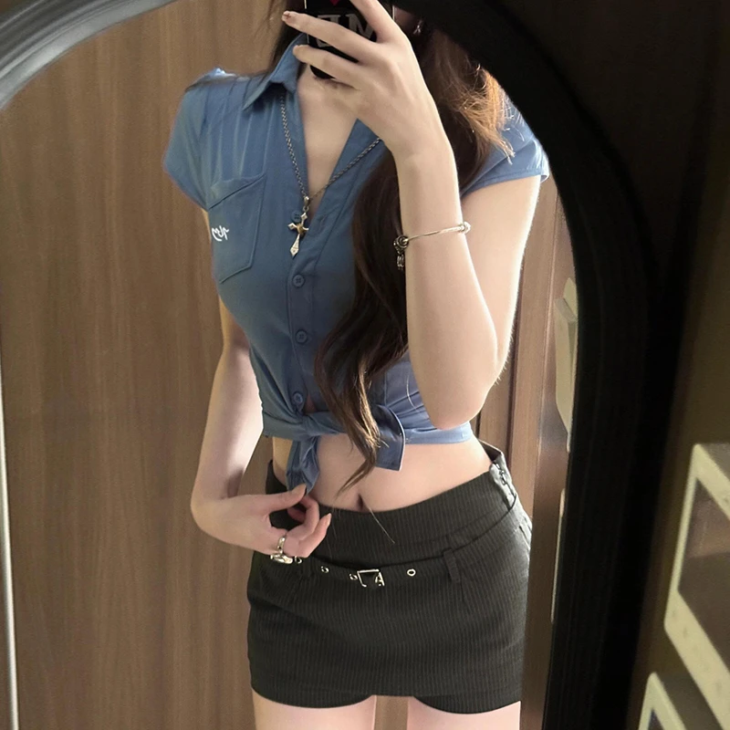 学院风辣妹掐腰正肩蓝色短袖衬衫女夏季修身收腰衬衣小衫短款上衣
