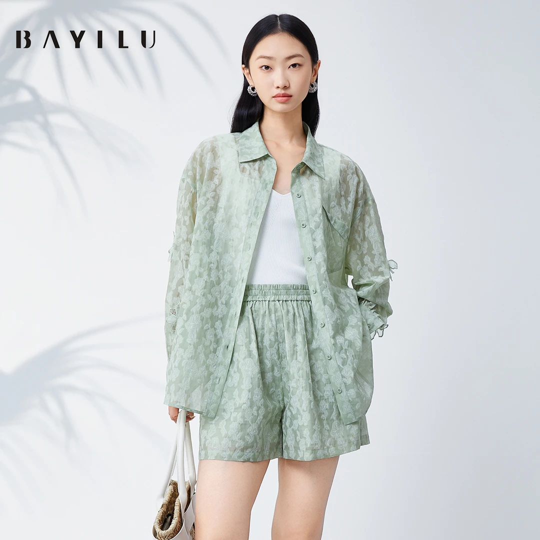 【毛毛专属】芭依璐夏季时尚套装长袖衬衫阔腿短裤两件套90TZ034