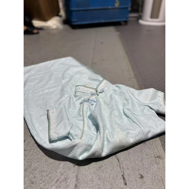 0563 蓝色 葫芦扣 白蕾丝 钉珠【蓝韵】旗袍