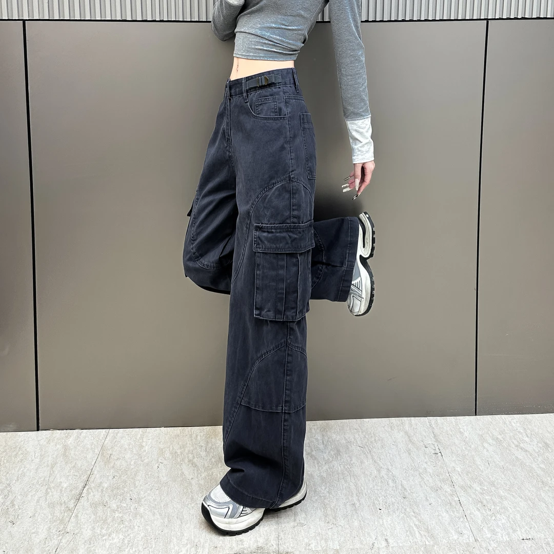 2025春款深灰色美式高街复古工装裤女显瘦抽带直筒休闲裤Y1019