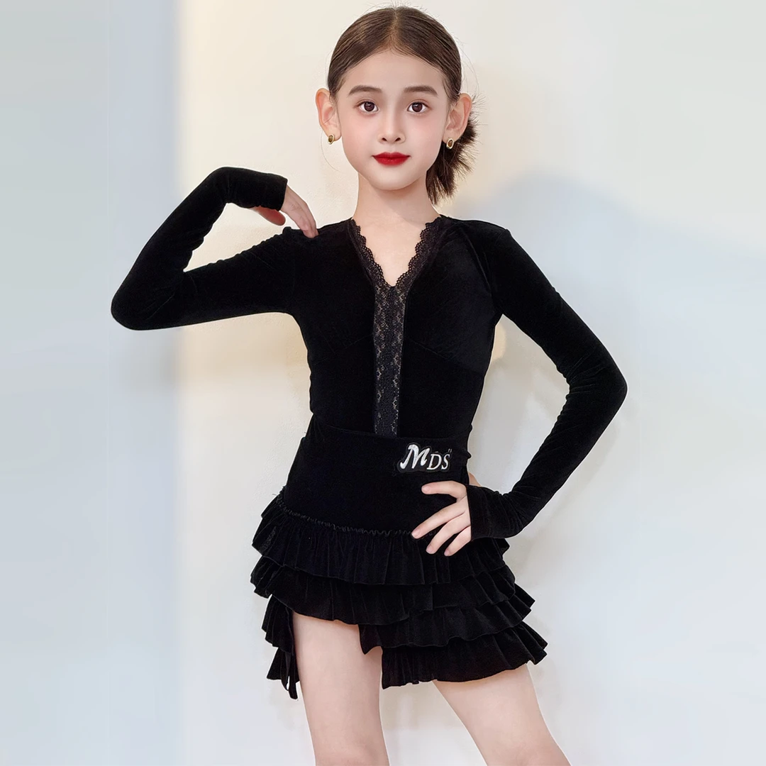 2025新款拉丁舞服女童秋冬长袖高级感演出练功套装少儿专业舞蹈裙