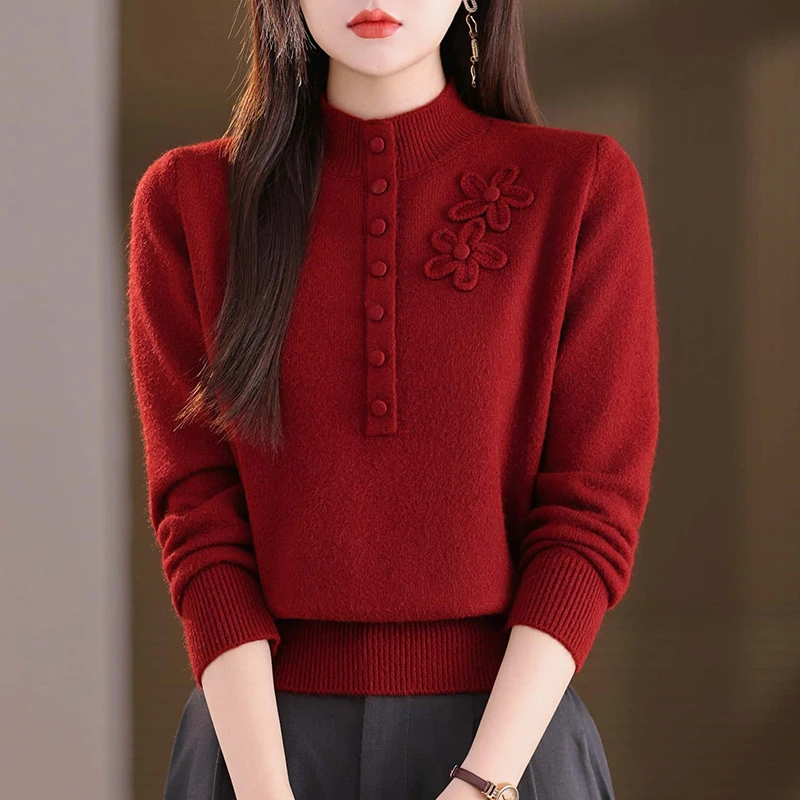 半高领红色毛衣女秋冬2026新款洋气妈妈冬季内搭羊毛针织打底衫厚