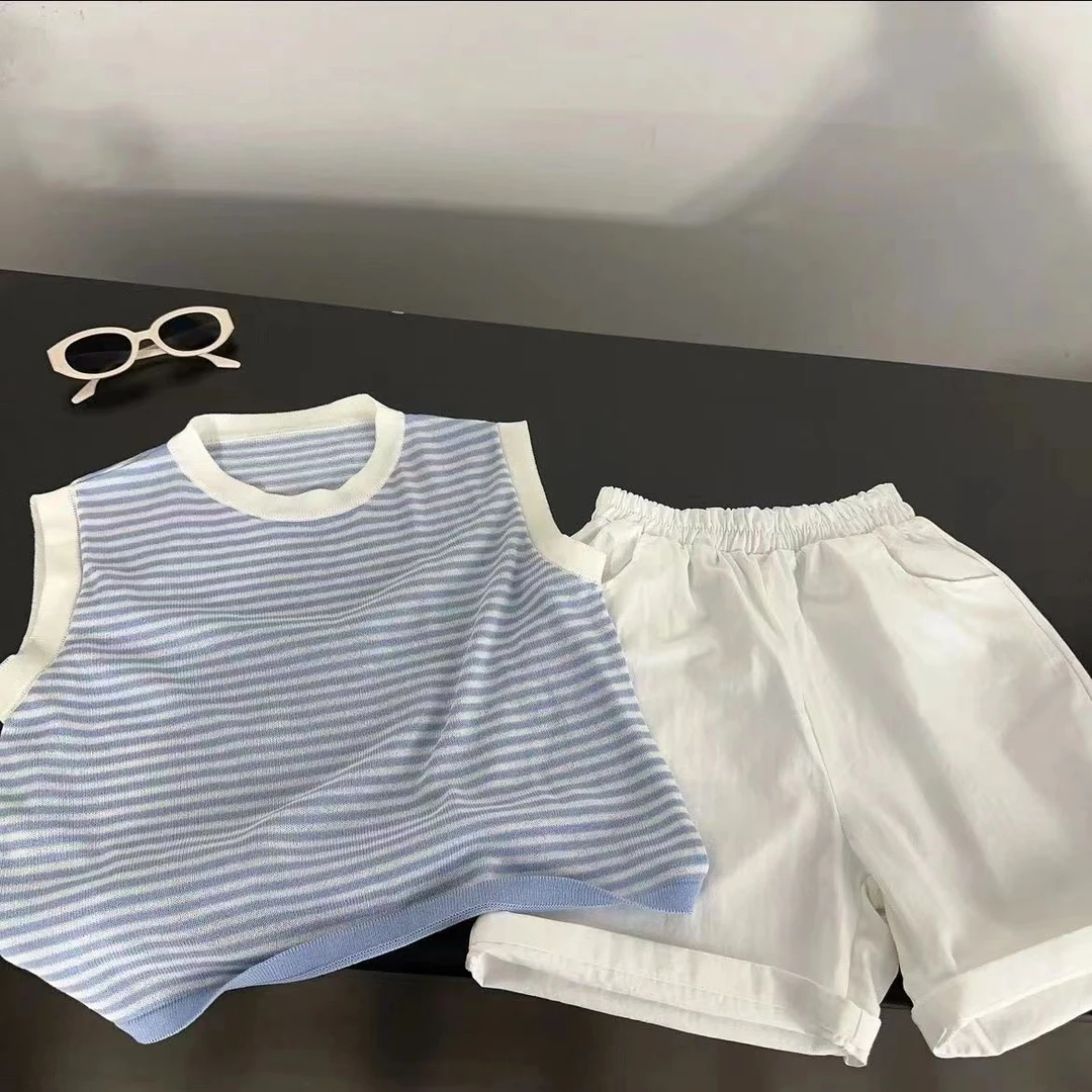 戴维【反季清仓】男女童套装2025儿童夏季款韩版无袖百搭条纹时尚