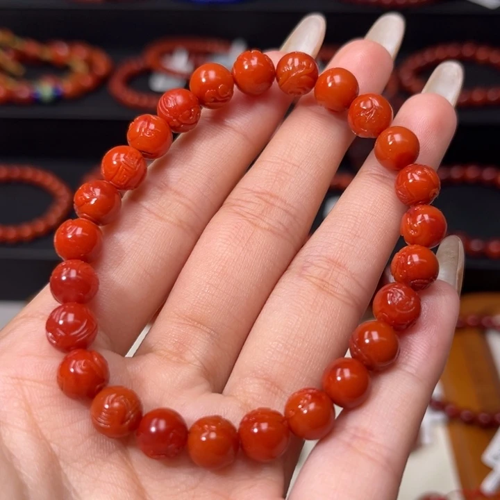 南红玛瑙未镶嵌手链精工雕刻仿古龙满肉柿子锦7.5+mm