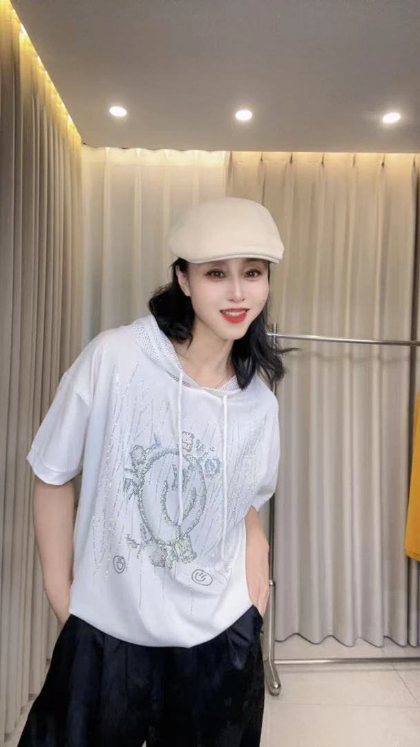 987夏季连帽短袖T恤女休闲时尚宽松百搭重工上衣