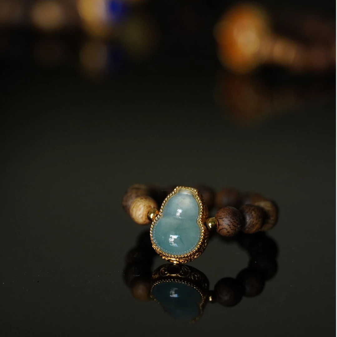 【福禄】蓝翡翠镶嵌葫芦木戒指圆珠