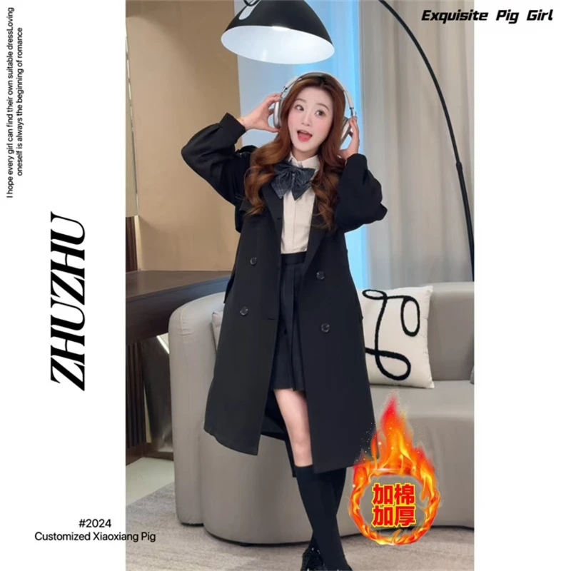 猪猪专属秋冬新款风衣简约法式休闲遮肉显瘦夹棉风衣外套8588