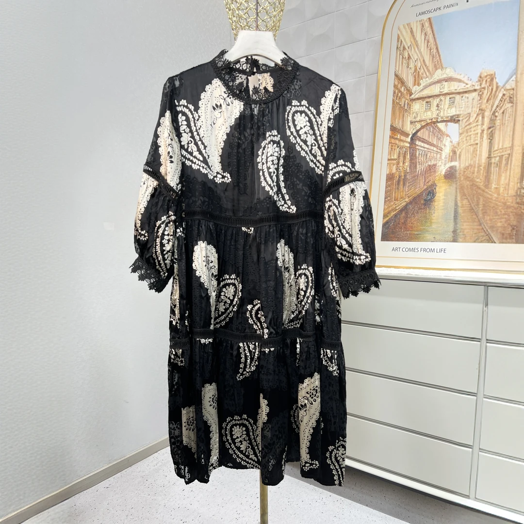 【高奢出口转内销】真丝腰果印花蕾丝领连衣裙长裙气质时尚女士夏季