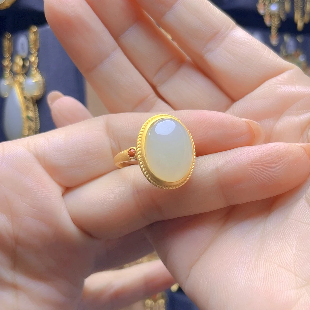 和田玉银S925镀金镶嵌戒指